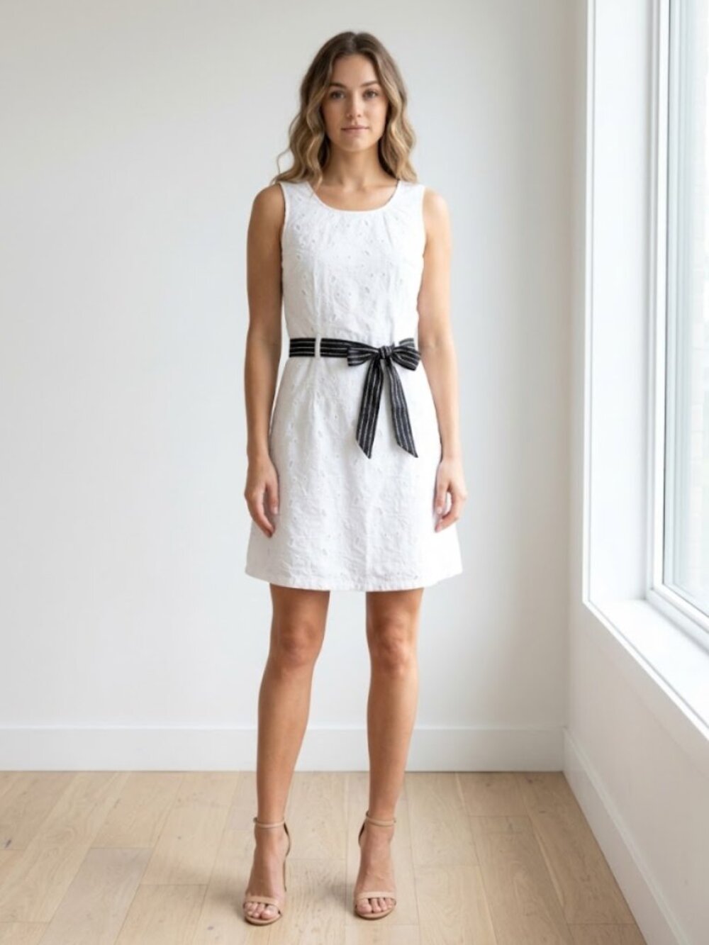 White Eyelet Sleeveless A-Line Dress Black Waist Tie 0920